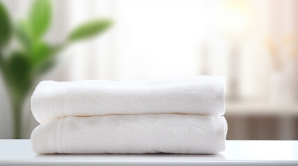 białe ułożone ręczniki na blacie stołu w hotelu