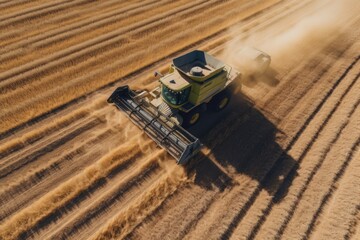 aerial view of combine on the harvest field