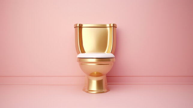 A golden toilet bowl on a pink wall background