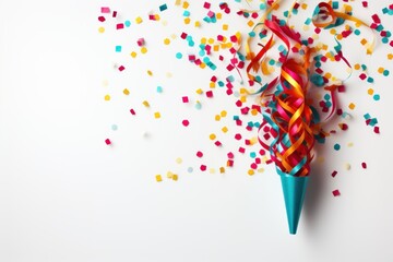 Celebration,party backgrounds concepts ideas with colorful confetti,streamers on white.Flat lay