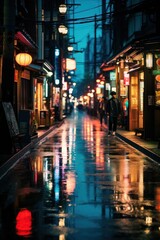 a rainy street in Tokyo with no cars and lots of neon lights on it