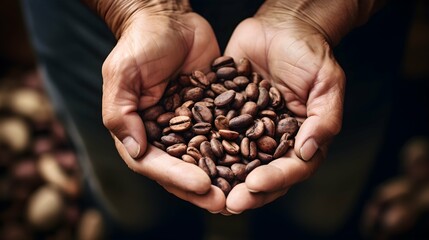 Hands holding freshly roasted aromatic coffee beans. Fair Trade. Generative AI - obrazy, fototapety, plakaty