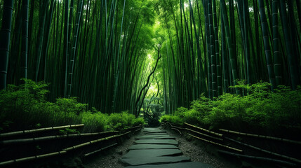 droga w egzotycznym bambusowym lesie z promieniami słońca  - obrazy, fototapety, plakaty