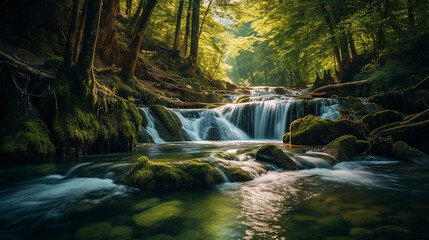 Małe wodospady na spokojnej czystej rzece w środku lasu liściastego w promieniach słońca - obrazy, fototapety, plakaty