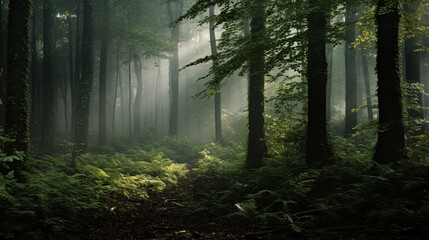 Green forest during normal day with sunrays  - obrazy, fototapety, plakaty