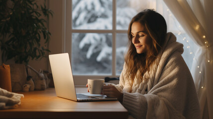 woman with cosy furry blanket working on laptop with coffe mug during winter. 