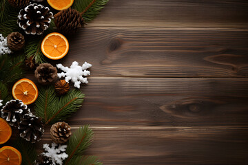 Wooden background with tangerines, fir branches, nuts generated AI