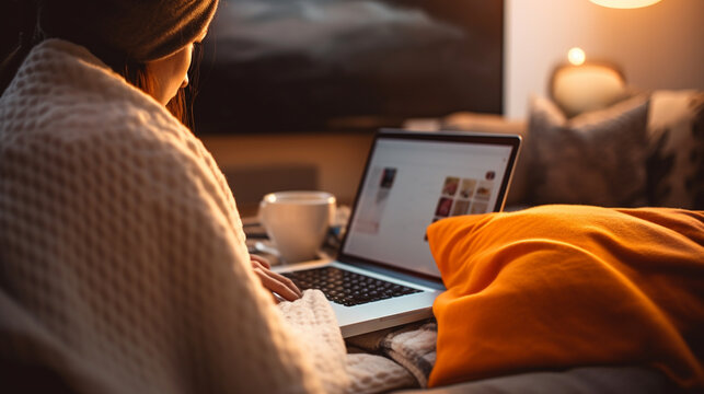 Woman Using Laptop With Coffe Mug In Bed, Work From Home 