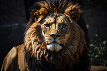 Portrait lion on the black. Detail face lion. Hight quality portrait lion. Portrait from animal

