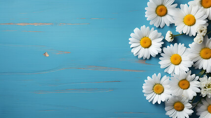 Daisy summer flowers on blue wood background for advertising