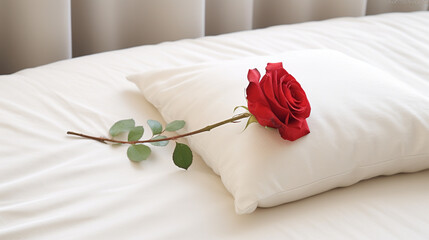 Fototapeta na wymiar bed with white sheets, red rose on the pillow 