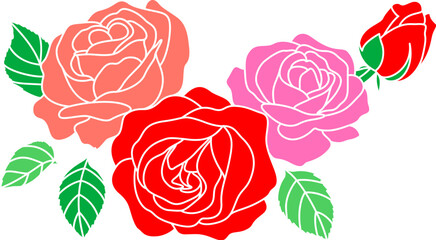 Floral vector collection. Flowers decoration illustration of red, pink and peach rose flowers, leaves, branches. Romantic botanic elements for wedding or greeting card design.