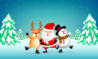 Cute Christmas cartoon character with winter landscape. Illustration for greeting cards, banner and poster. Illustration for Christmas.