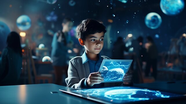 The boy studying in the virtual classroom of the future