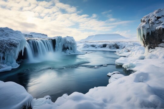 Scenic View Of Godafoss Waterfall In Winter