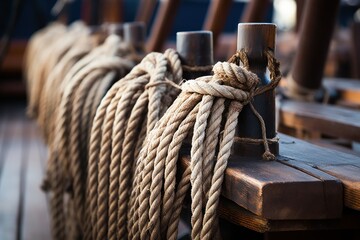 Wooden racks with spare ropes on an old wooden ship, close-up. - obrazy, fototapety, plakaty