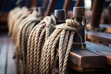 Zelfklevend Fotobehang Wooden racks with spare ropes on an old wooden ship, close-up. © Tisha