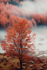 Landscape photography of autumn trees with fog, as abstract texture