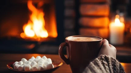 Schilderijen op glas mug of hot chocolate or coffee by the Christmas fireplace. Woman relaxes by warm fire with a cup of hot drink. Winter, Christmas holidays concept © Tisha