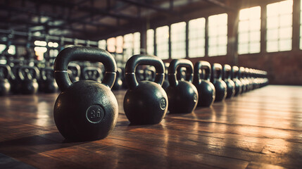 kettlebells in gym, weights for exercising on the floor