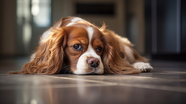 sad cavalier king dog lying on the room floor 