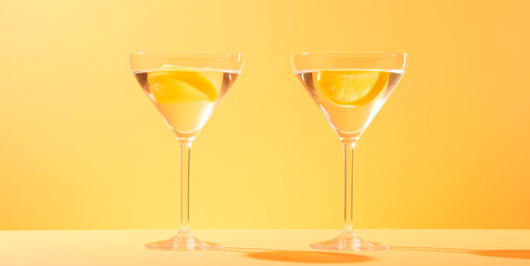 two glasses. selection of cocktails. Cooler beverage at nightclub on yellow pastel background.