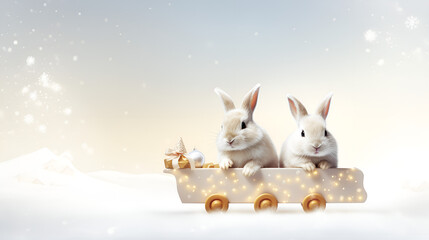 rabbit with christmas gift,easter bunny with a gift,rabbit  with snowy landscape with christmas lights. christmas background with rabbit,generative ai