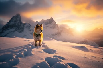 Mountaineer walking with footprint in snow storm and sunrise over snowy mountain in Senja Island - obrazy, fototapety, plakaty
