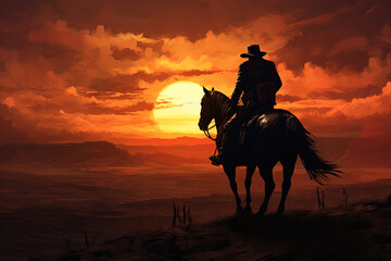 Cowboy riding horse into the sunset. Wild west style poster. Generative Ai