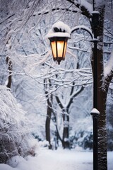 winter city park, lantern covered in the snow and snowfall