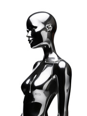 Futuristic chrome woman mannequin isolated. Shiny gloss metal human sculpture. Y2K liquid metal music poster