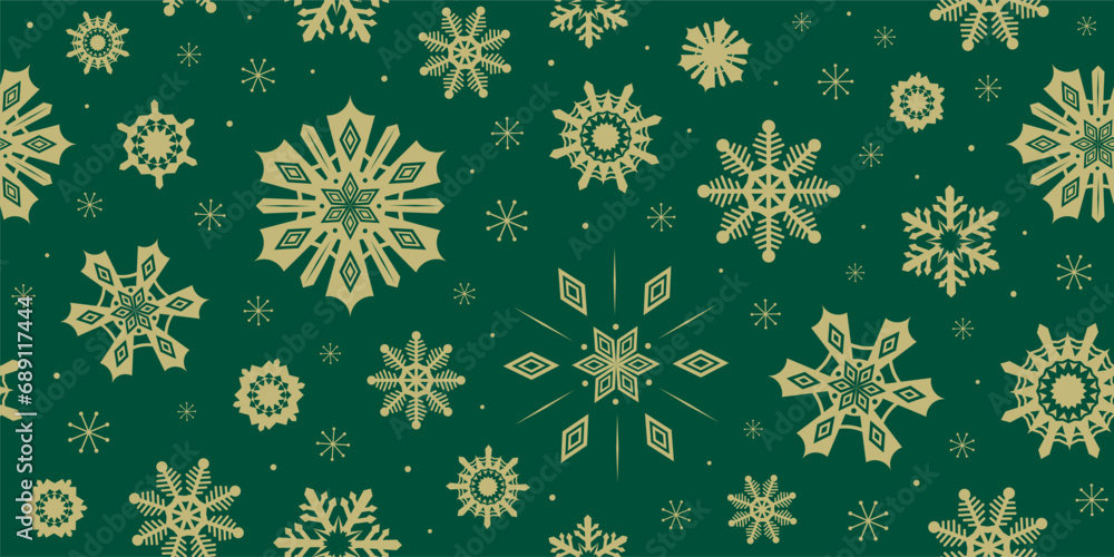 Wall mural christmas seamless pattern with whimsical snowflakes. golden snowflake shapes on deep green backgrou