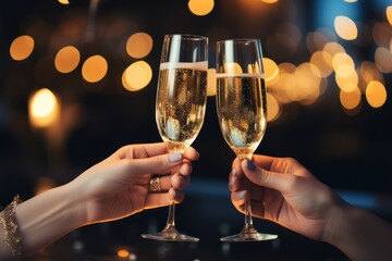 Two glasses with sparkling champagne wine in hands, concept for holiday, wedding valentines...
