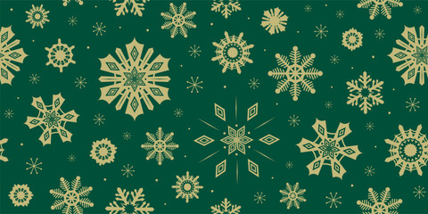 Christmas seamless pattern with whimsical snowflakes. Golden snowflake shapes on deep green background. Nordic snowflake crystals Scandinavian repeat design. Glitzy winter background vector pattern.