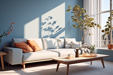 Contemporary comfy flat with XL windows, neutral couch, plant, blue wall, and print. Generative