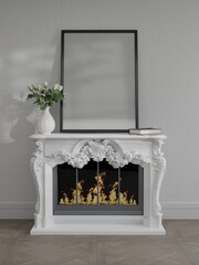 Mockup poster black wood frame empty picture on fireplace in living room interior vertical in illustration 3d rendering.