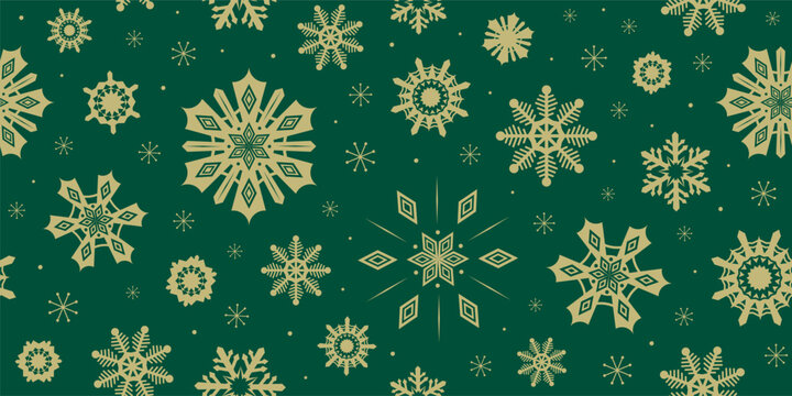 Fototapeta Christmas seamless pattern with whimsical snowflakes. Golden snowflake shapes on deep green background. Nordic snowflake crystals Scandinavian repeat design. Glitzy winter background vector pattern.