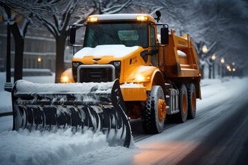 A winter service vehicle to remove the snow from the road in the city - obrazy, fototapety, plakaty