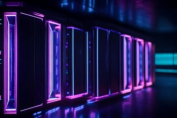 Detailed shot of a futuristic memory storage unit, with neon LED lights casting a mesmerizing glow on the reflective surfaces.