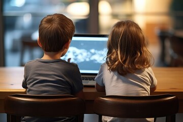 A boy and a girl look and work on a laptop, a view from behind. Schoolchildren. - obrazy, fototapety, plakaty