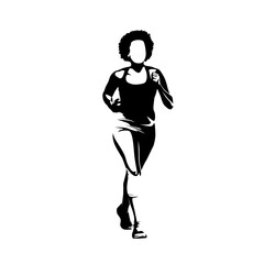 Run, running woman, isolated vector silhouette, ink drawing, front view