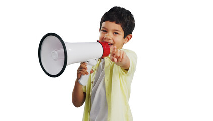 Isolated boy child, megaphone and speech for pointing, recruitment or choice by transparent png...