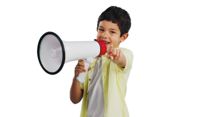 Isolated boy child, megaphone and speech for pointing, recruitment or choice by transparent png background. Kid, bullhorn and call to action for decision, review or feedback for voice, noise or sound