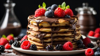 Melted chocolate cascading over a tower of fluffy pancakes, topped with fresh berries.  