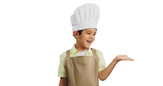 Isolated boy kid, chef and hand with vision for cooking, learning and development by transparent png background. Child, kitchen clothes and smile on face for bakery, open palm or funny with thinking