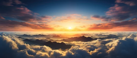 Fotobehang Panorama sunrise from the top of the mount Fuji. The sun is shining strong from the horizon over all the clouds and under the blue sky. good New year new life new beginning. Abstract nature background © Tisha