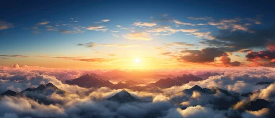 Foto op Canvas Panorama sunrise from the top of the mount Fuji. The sun is shining strong from the horizon over all the clouds and under the blue sky. good New year new life new beginning. Abstract nature background © Tisha