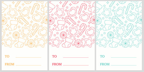 Set of vector holiday cards for Christmas and New Year. On a white background, hand-drawn holiday candies, socks, stars in basic holiday colors. Below is space for your address and kind words.