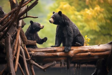 Amazing black bear are climbing in the forest and wants to play with his friend. Two bears are fighting ind the trees and trying to stay on the tree. Just wonderful animals. - obrazy, fototapety, plakaty