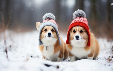 two cute red Corgi dogs sitting next to each other in the Park for a walk on a winter day in funny warm knitted hats during heavy snowfall